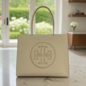 Tory Burch Perry Triple-Compartment Tote White Leather Bag 14”x10”x4” Brand New
